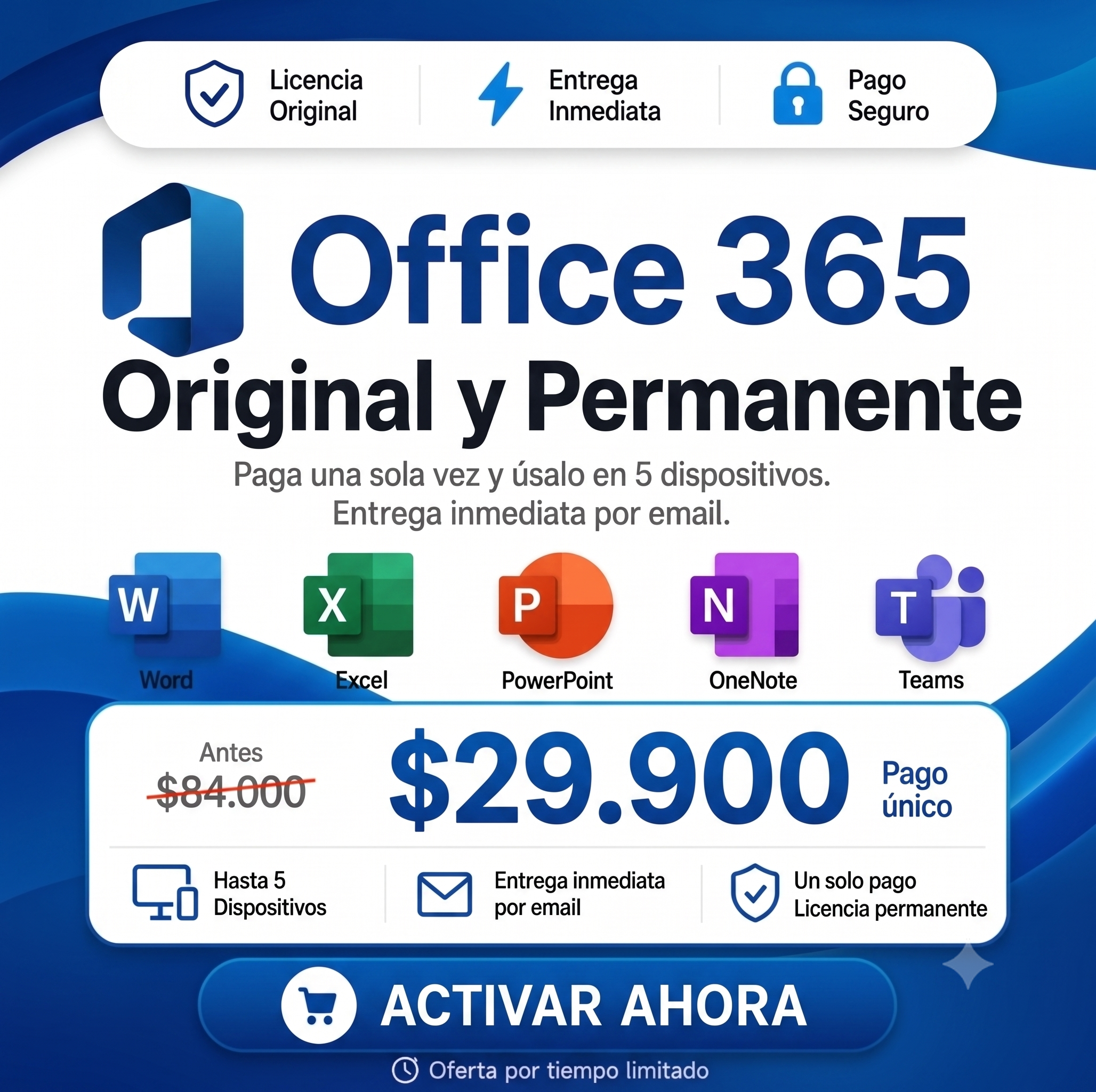 Microsoft Office 365 - 5 PC - Word, Excel, PowerPoint y más. (Cuenta)